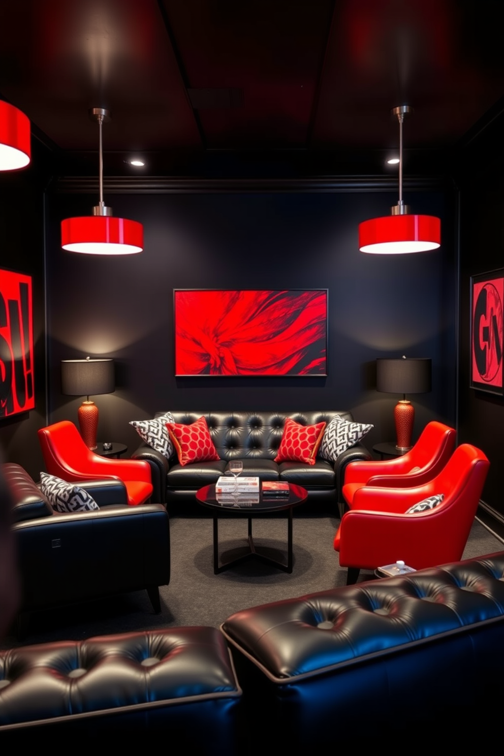 A stylish man cave featuring a bold red and black color scheme. The walls are painted in a deep black, accented by red artwork and decor pieces that pop against the dark backdrop. A plush black leather sectional couch is positioned in the center, surrounded by sleek red accent chairs. The space is illuminated by modern pendant lights with red shades, creating a warm and inviting atmosphere.