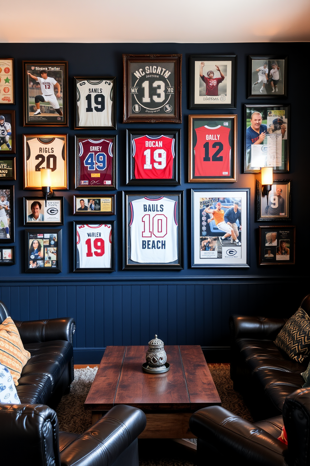 A vintage sports memorabilia display wall features an array of framed jerseys, signed photographs, and collectible items showcasing iconic athletes. The wall is painted in a deep navy blue, providing a striking backdrop for the vibrant colors of the memorabilia. The Black Man Cave design incorporates plush leather seating and a rustic wooden coffee table, creating a cozy yet stylish atmosphere. Ambient lighting from sleek wall sconces enhances the space, making it perfect for entertaining friends or enjoying a game night.