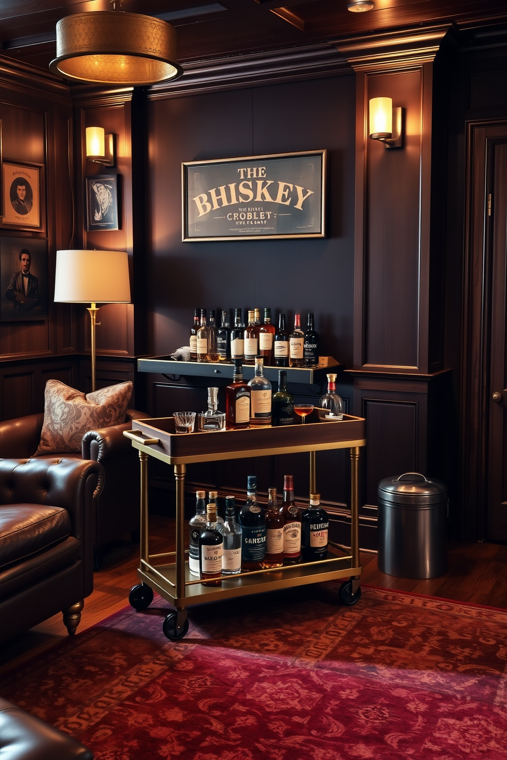 A cozy whiskey lounge featuring a stylish bar cart made of dark wood and brass accents. The room is illuminated by warm soft lighting, creating an inviting atmosphere with plush leather seating and rich wooden paneling. The design includes a dark accent wall adorned with vintage whiskey memorabilia. A large area rug in deep hues anchors the space, while a selection of premium whiskey bottles is displayed on the bar cart, inviting relaxation and conversation.