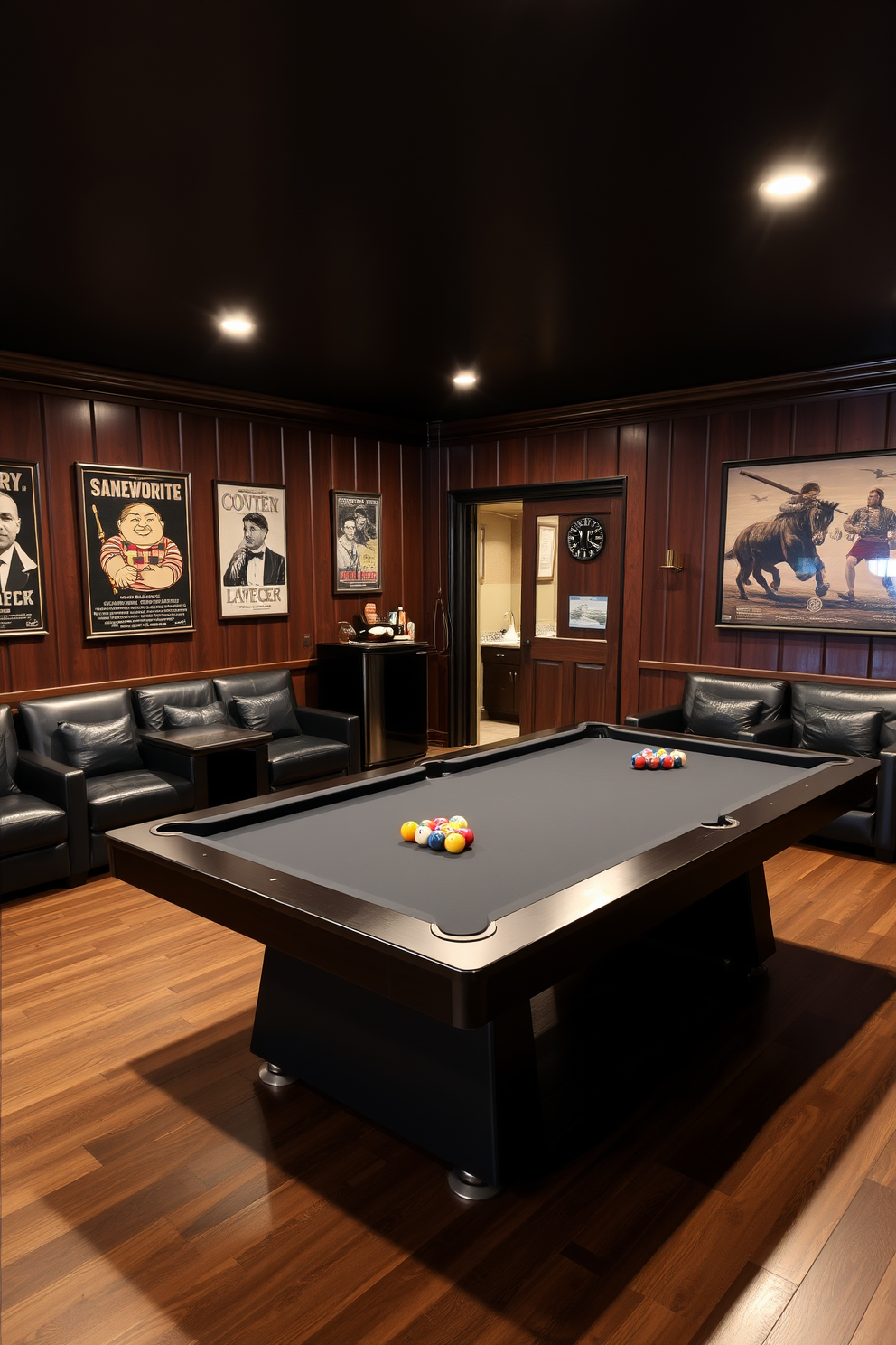 A stylish game room featuring a sleek pool table as the centerpiece. The walls are adorned with dark wood paneling, and comfortable leather seating is arranged around the table for an inviting atmosphere. The decor includes vintage posters and ambient lighting to create a cozy vibe. A mini fridge and bar area are tucked into one corner, providing easy access to refreshments during game nights.