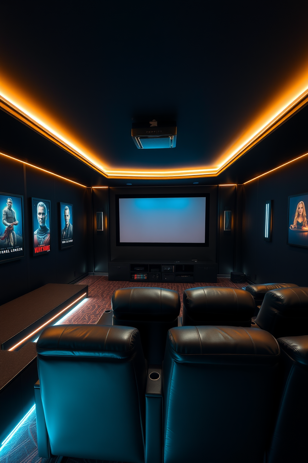 A luxurious home theater featuring a large projector screen mounted on the wall. The room is designed in a sleek black color scheme with plush leather seating arranged for optimal viewing. Ambient lighting creates a cozy atmosphere while soundproofing ensures an immersive audio experience. Decorative accents such as movie posters and LED strip lights enhance the man cave aesthetic.