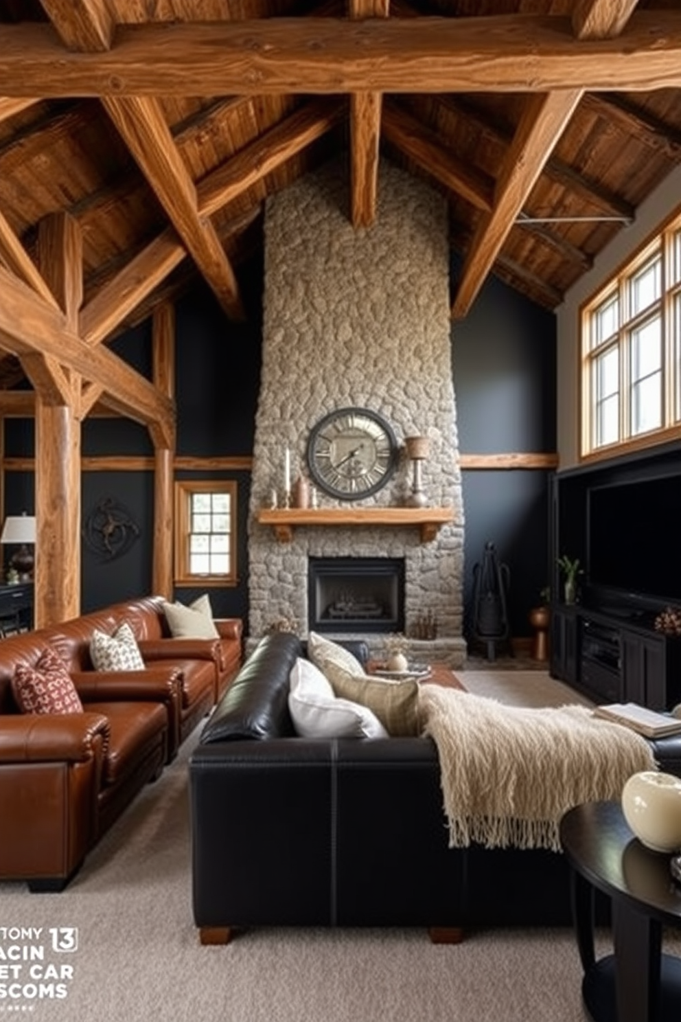 A rustic cabin vibe featuring exposed wooden beams creates a warm and inviting atmosphere. The space is adorned with leather furniture and a large stone fireplace, complemented by soft, earthy tones throughout. Incorporate black man cave design ideas with dark walls and industrial accents. A plush sectional sofa faces a sleek entertainment center, while vintage decor elements add character to the space.