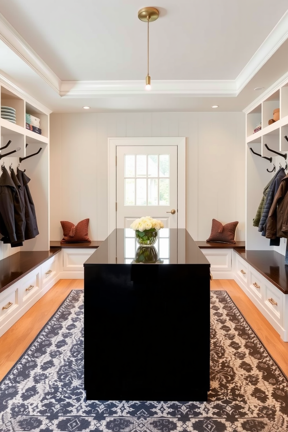 Open concept mudroom featuring a sleek black island at the center. The space is adorned with built-in storage benches and hooks for coats, complemented by a stylish patterned rug.