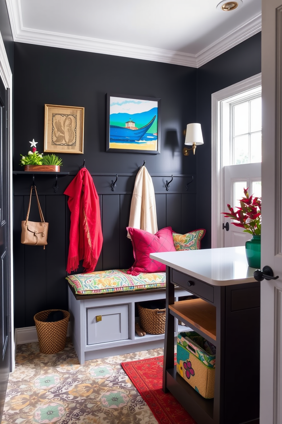 A stylish mudroom featuring a cohesive black and wood color palette. The walls are clad in black shiplap, while the floor showcases rich hardwood planks that add warmth to the space. A custom-built bench with a dark wood finish provides seating, and above it, black wall-mounted hooks hold coats and bags. A large black-framed mirror reflects the light from a modern pendant fixture hanging from the ceiling.