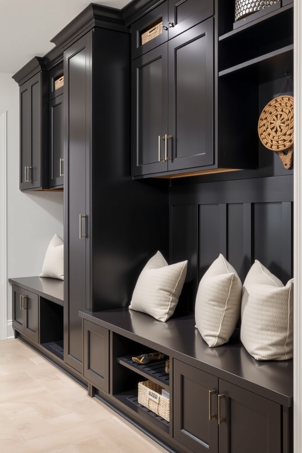 A sophisticated black tile backsplash design features glossy subway tiles arranged in a herringbone pattern. The backsplash complements a sleek white countertop and modern stainless steel appliances, creating a striking contrast in the kitchen. For black mudroom design ideas, envision a spacious area with black shiplap walls and a built-in bench with storage. The floor is adorned with large white tiles, providing a clean and bright contrast to the dark elements.