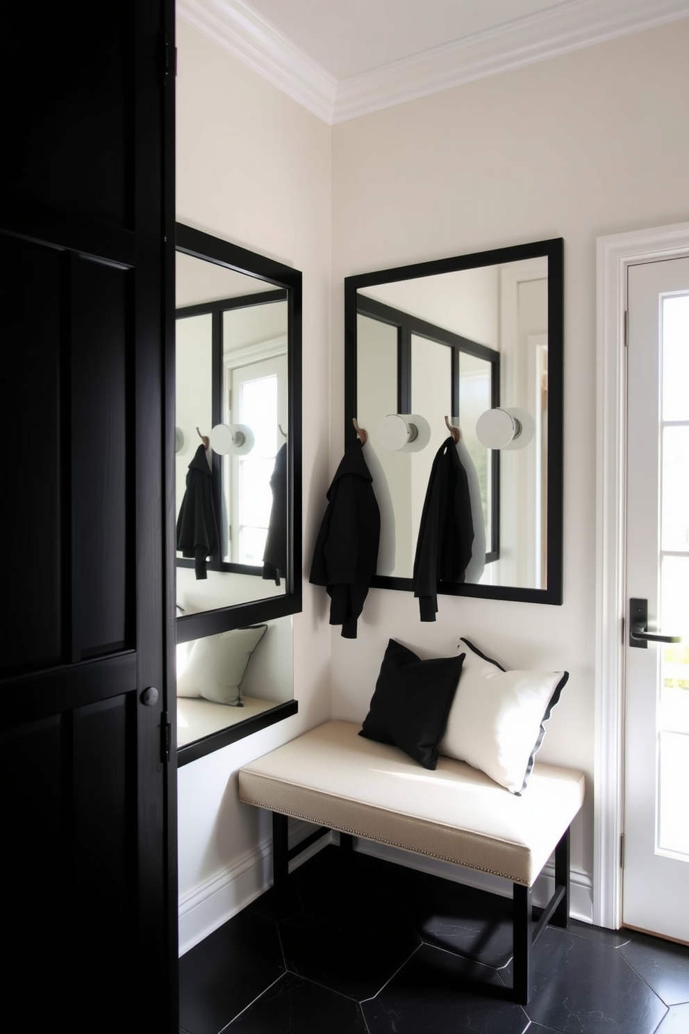 A stylish mudroom features black framed mirrors that create an illusion of spaciousness. The walls are adorned with sleek storage solutions and hooks for coats, while a bench provides a comfortable seating area. The flooring is a durable tile that complements the black accents throughout the space. Natural light floods in through a nearby window, enhancing the inviting atmosphere of the mudroom.