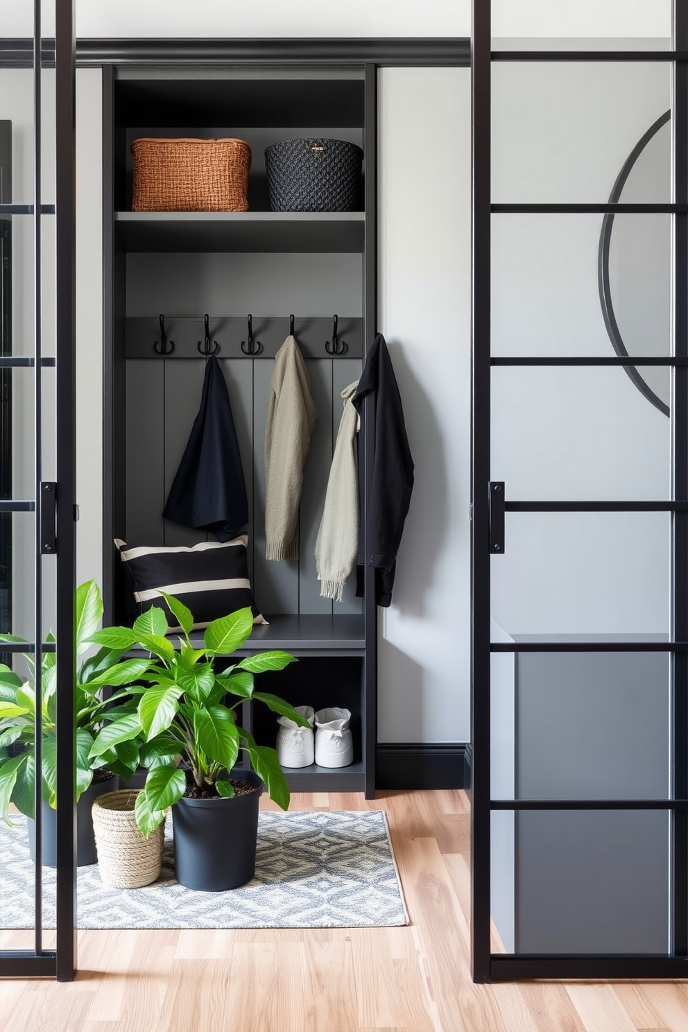 A stylish mudroom featuring black metal accents. The space includes a built-in bench with storage underneath and hooks for coats, all framed by sleek black metal detailing. The walls are painted in a soft gray tone, creating a modern contrast with the black accents. A patterned area rug adds warmth to the floor, while potted plants bring a touch of nature into the space.