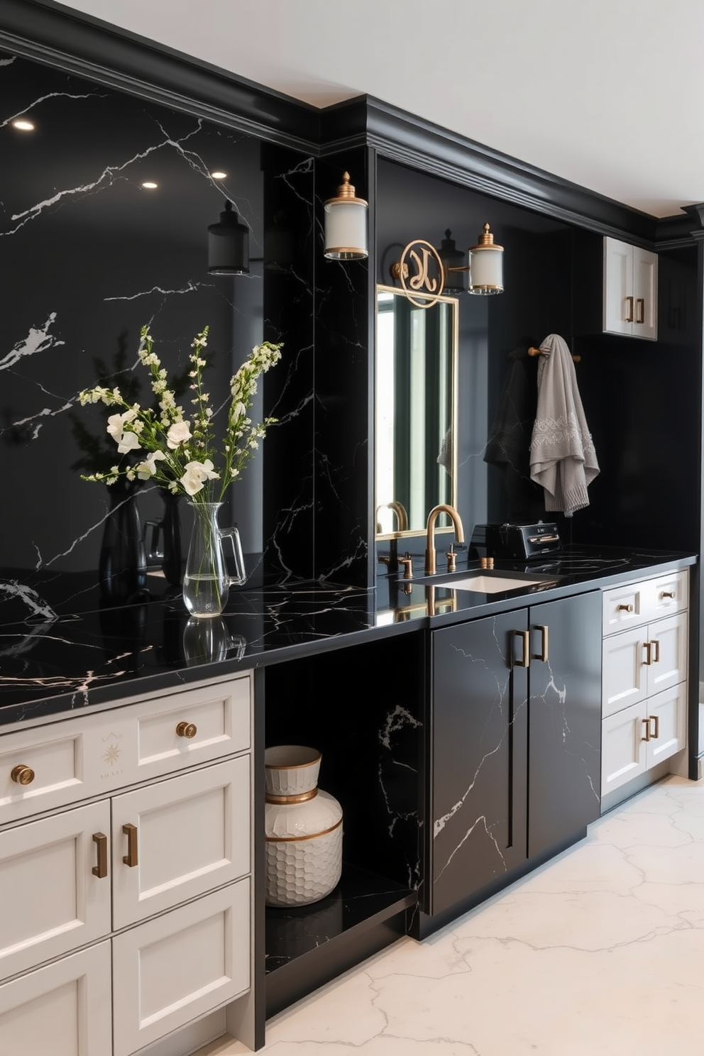 Modern black cabinetry with open shelving creates a striking focal point in the kitchen. The shelves are adorned with minimalist decor and plants, enhancing the contemporary aesthetic. The black mudroom design features a functional layout with built-in benches and hooks for storage. A stylish tile floor complements the cabinetry, providing durability and elegance.