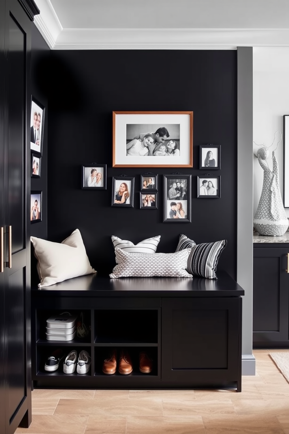 A luxurious mudroom featuring black and gold accents. The walls are painted in a deep black shade, complemented by gold hardware on the cabinetry. A statement chandelier with gold detailing hangs from the ceiling, illuminating the space. The floor is adorned with black and white patterned tiles, adding a touch of elegance. A sleek black bench with gold legs provides a stylish seating area, while hooks in gold finish are mounted on the wall for coats and bags. Decorative elements like a gold-framed mirror and potted plants enhance the opulent atmosphere.