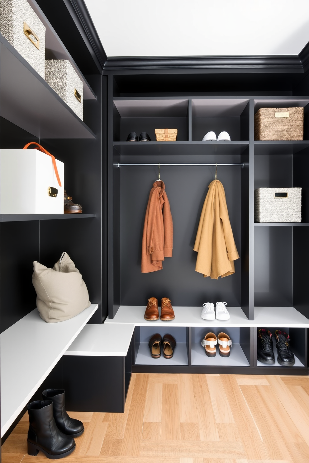 A modern black mudroom features sleek open shelving that provides ample storage for shoes and outdoor gear. The walls are painted in a deep matte black, creating a striking contrast with the light wood flooring.