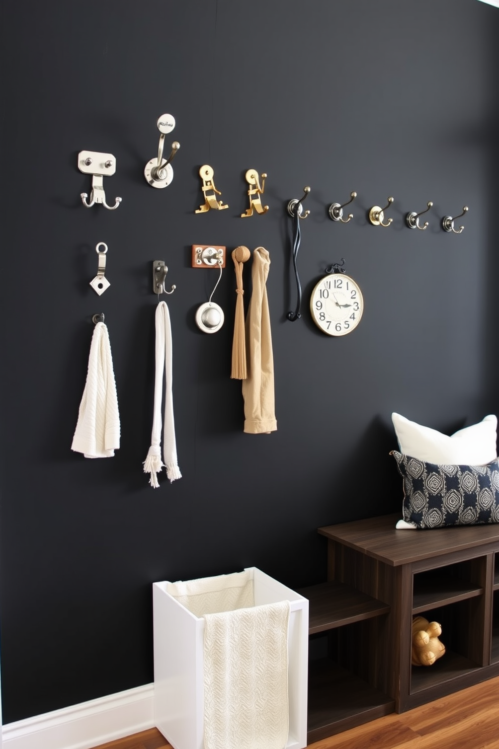 A stylish mudroom features a striking black and white checkered floor that adds a bold visual element to the space. The walls are painted in a soft neutral tone, creating a perfect backdrop for functional storage solutions like built-in benches and hooks.