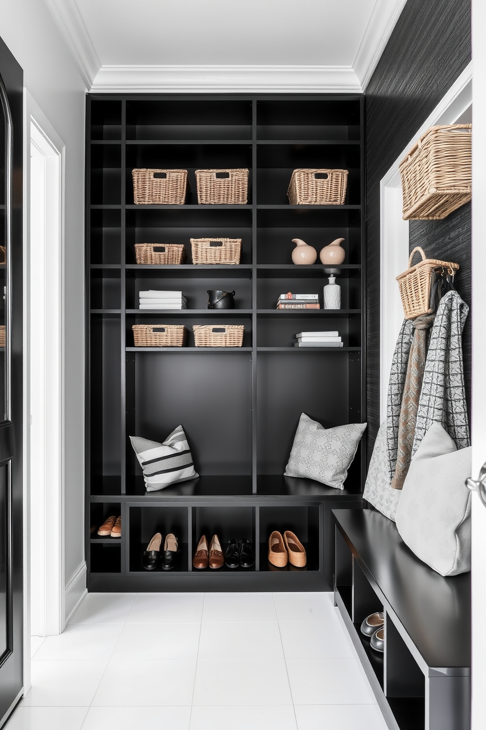 A chic black sliding barn door serves as a striking entrance to the mudroom, offering both style and functionality. The space is designed with a combination of open shelving and closed cabinets, featuring a mix of black and natural wood finishes. The mudroom is adorned with a stylish bench, upholstered in a soft fabric, providing a comfortable spot for putting on or removing shoes. Walls are painted in a light neutral tone, complemented by a durable patterned rug that adds warmth and character to the space.