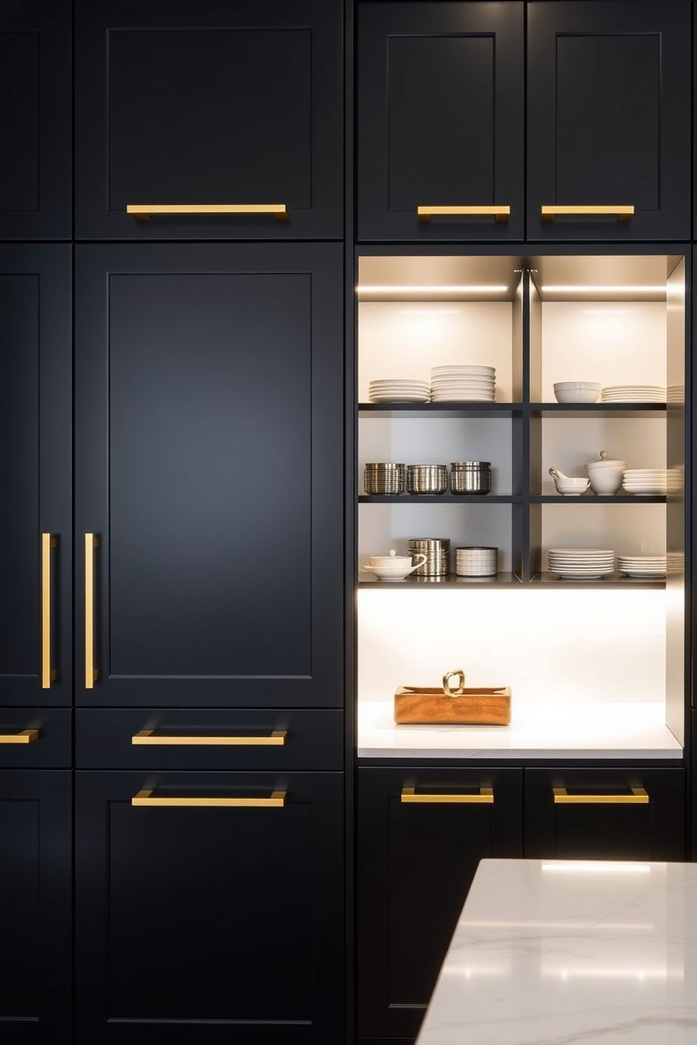 A sleek modern black cabinetry design features glass doors that elegantly showcase the contents within. The pantry is organized with open shelving and stylish containers, creating a functional yet visually appealing space.