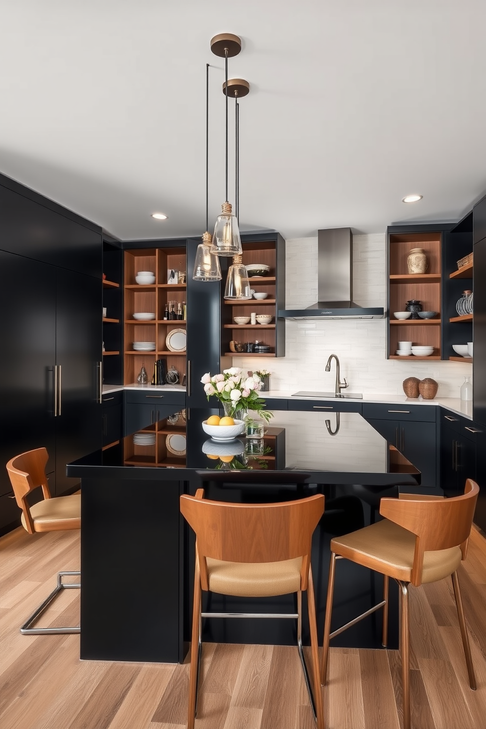 A compact black pantry designed for small spaces features sleek black cabinetry with minimalist handles. Inside, open shelving showcases neatly organized jars and spices, maximizing storage while maintaining a clean aesthetic. The pantry incorporates a small countertop area for meal prep, complemented by under-cabinet lighting that enhances visibility. A sliding door provides easy access while saving space, seamlessly blending functionality with modern design.