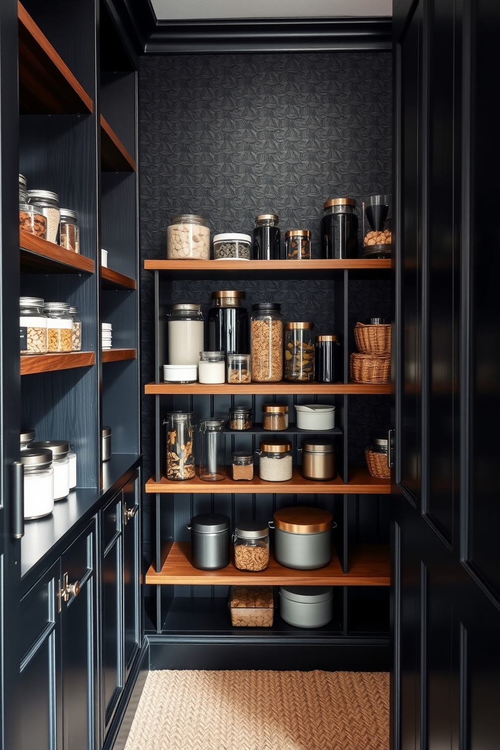 A stylish black pantry features sleek cabinetry with matte black finishes and modern hardware. The highlight of the space is a large chalkboard wall, perfect for jotting down grocery lists and recipes.