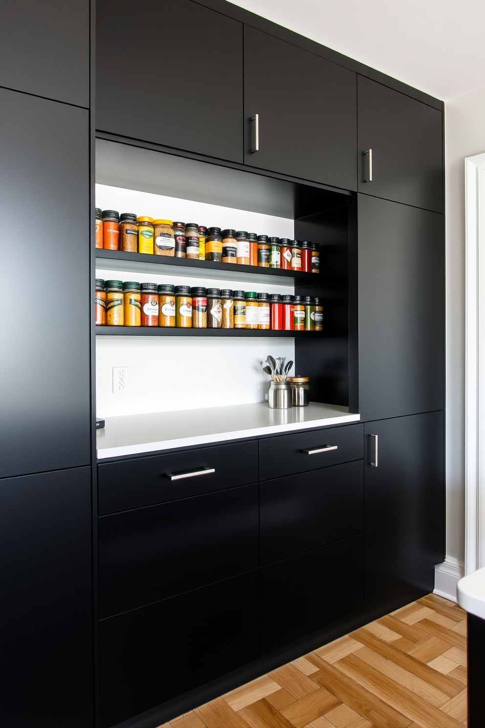 A sleek black pantry with a modern design features a glossy finish that enhances its elegance. The contrasting white backsplash adds a striking visual element, creating a bold statement against the dark cabinetry. Inside, open shelving displays neatly organized jars and spices, while a stylish countertop provides ample workspace for meal prep. Warm lighting fixtures illuminate the space, highlighting the pantry's sophisticated aesthetic.