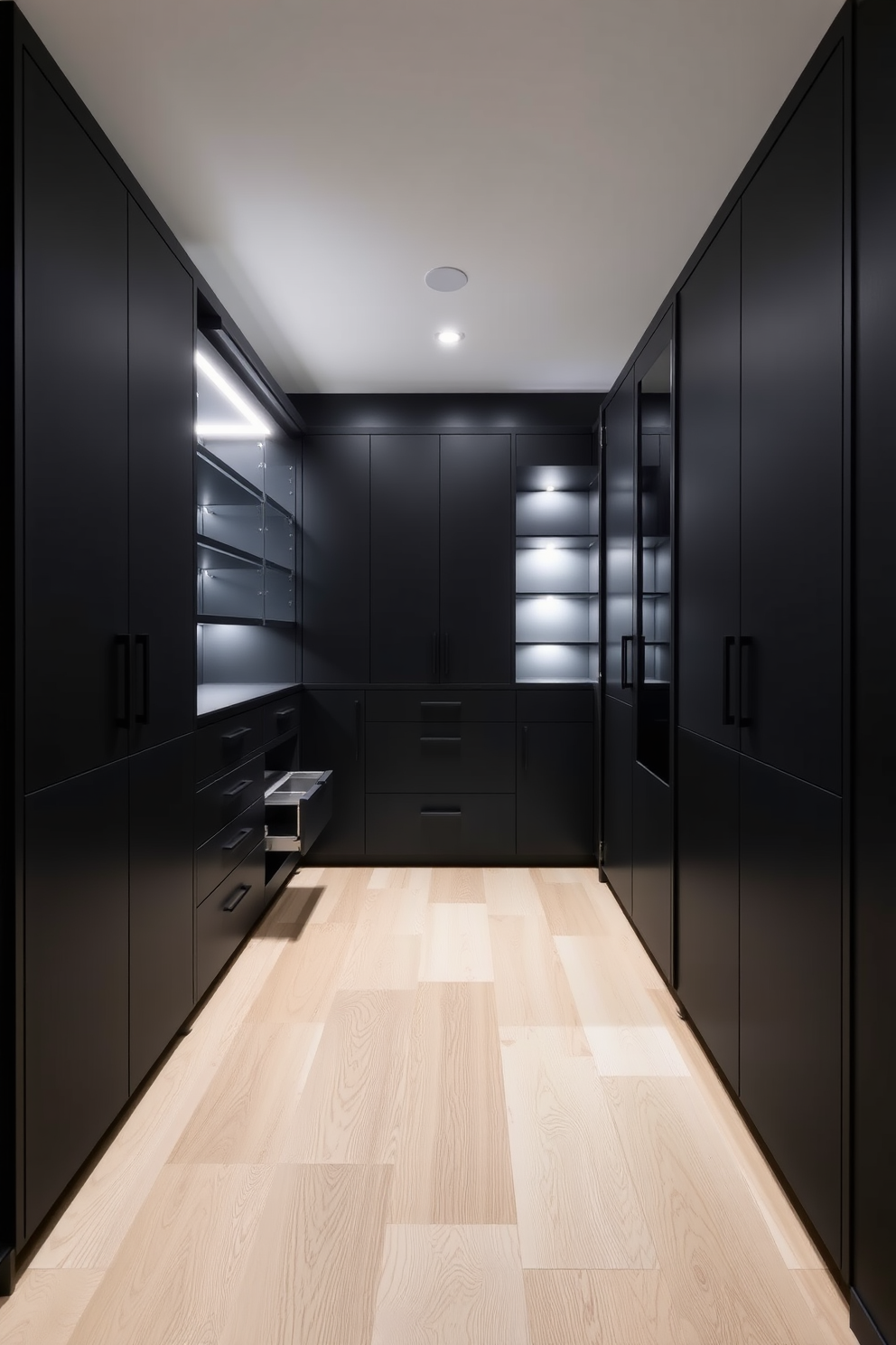 A minimalist black pantry design featuring sleek cabinetry with hidden storage solutions. The walls are painted in a deep matte black, and the floor is adorned with light wood planks for contrast. The cabinetry includes pull-out shelves and concealed compartments to maximize space efficiency. Soft LED lighting is integrated into the shelves, highlighting the pantry's contents while maintaining a clean aesthetic.