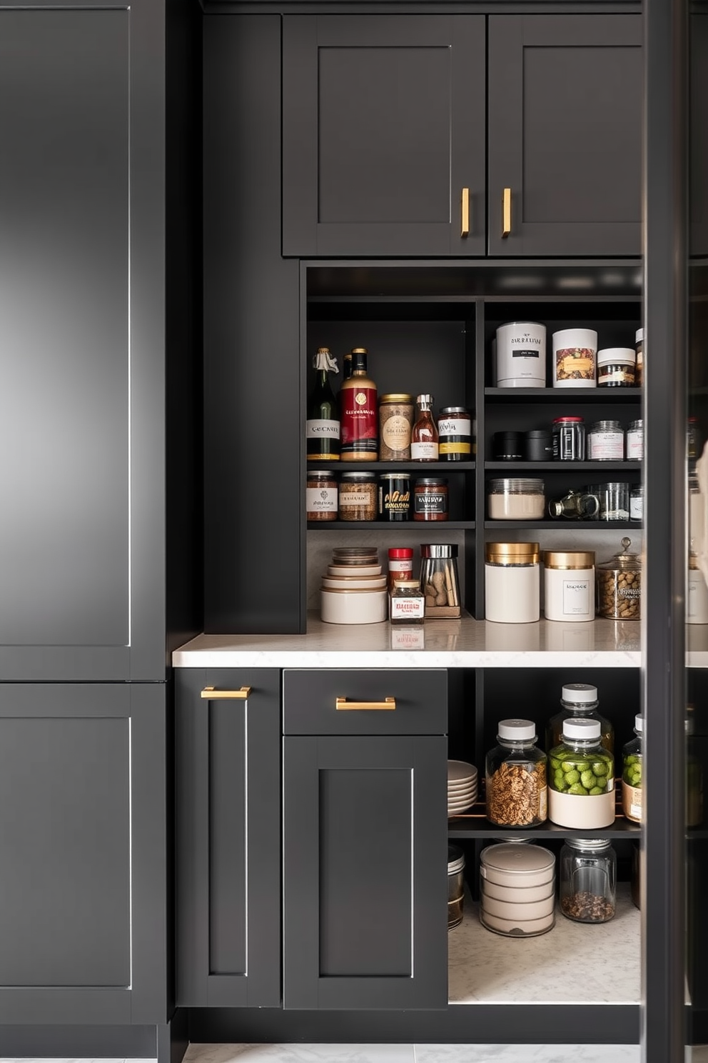 A modern kitchen featuring sleek black cabinetry complemented by elegant brass hardware. The pantry showcases organized shelves filled with gourmet ingredients and stylish containers, creating a functional yet aesthetic space.