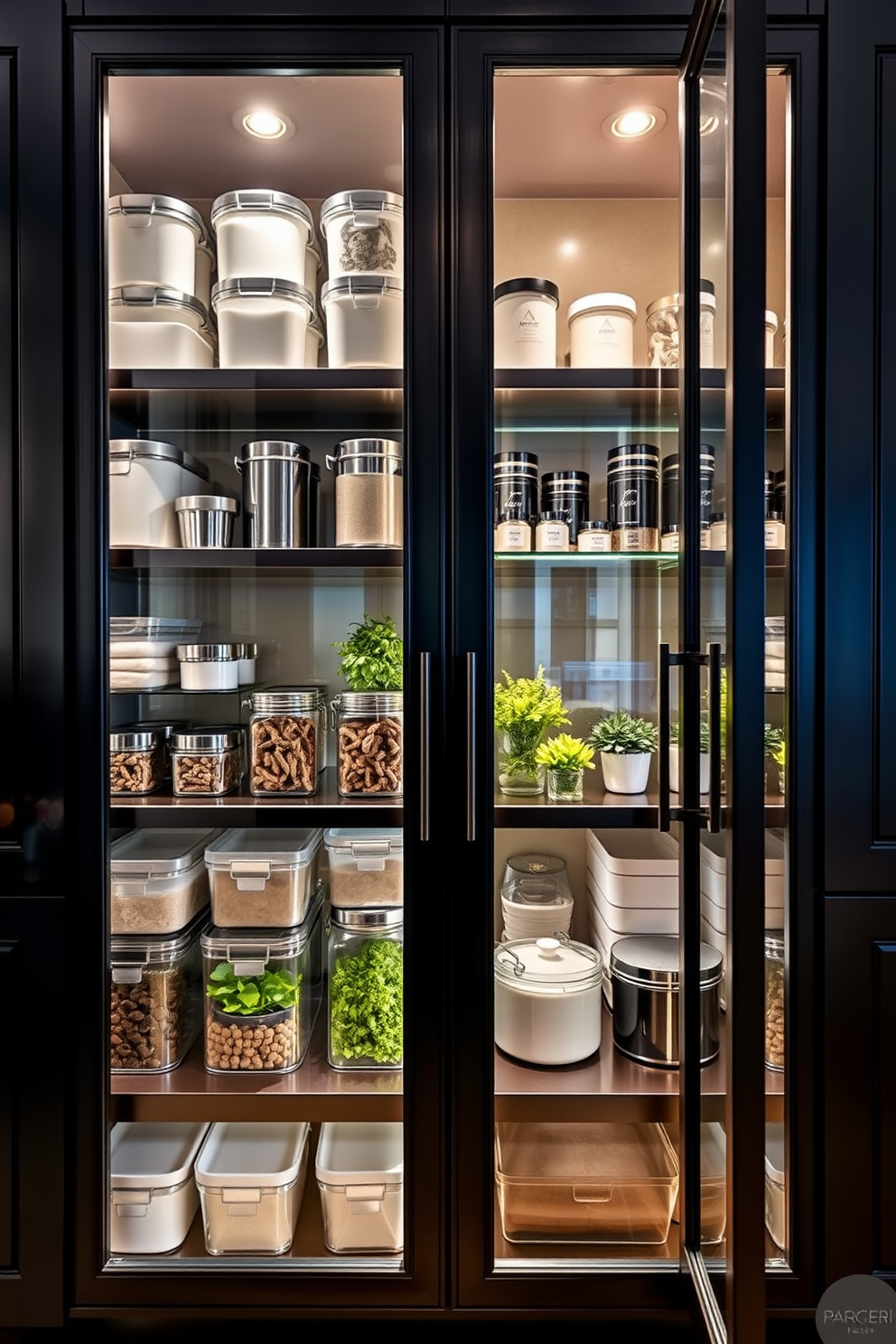 An elegant black pantry features sleek glass doors that showcase neatly organized shelves filled with stylish containers. The interior is illuminated by warm lighting, highlighting the contrast between the dark cabinetry and the bright accents of fresh herbs and decorative items.