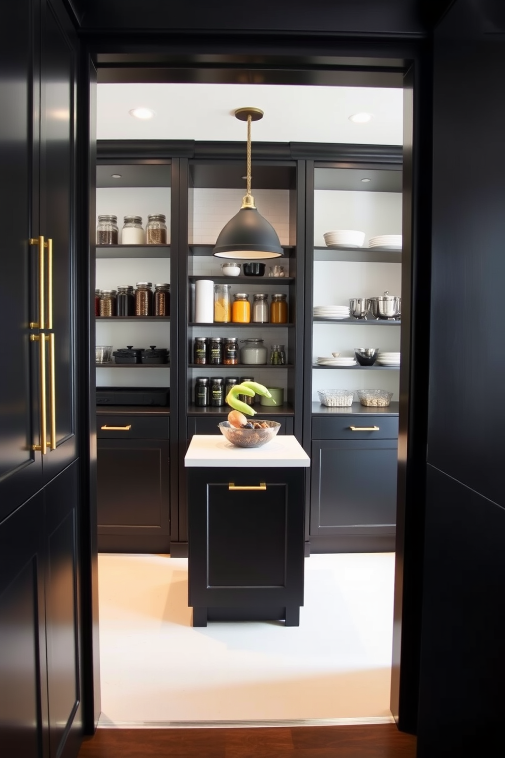 A sleek black pantry featuring dark wood accents creates an elegant contrast. The cabinetry is designed with minimalist lines, complemented by brass hardware for a touch of sophistication. Inside the pantry, open shelving displays neatly organized jars and cookware. A small, stylish island in the center offers additional storage and a preparation space.