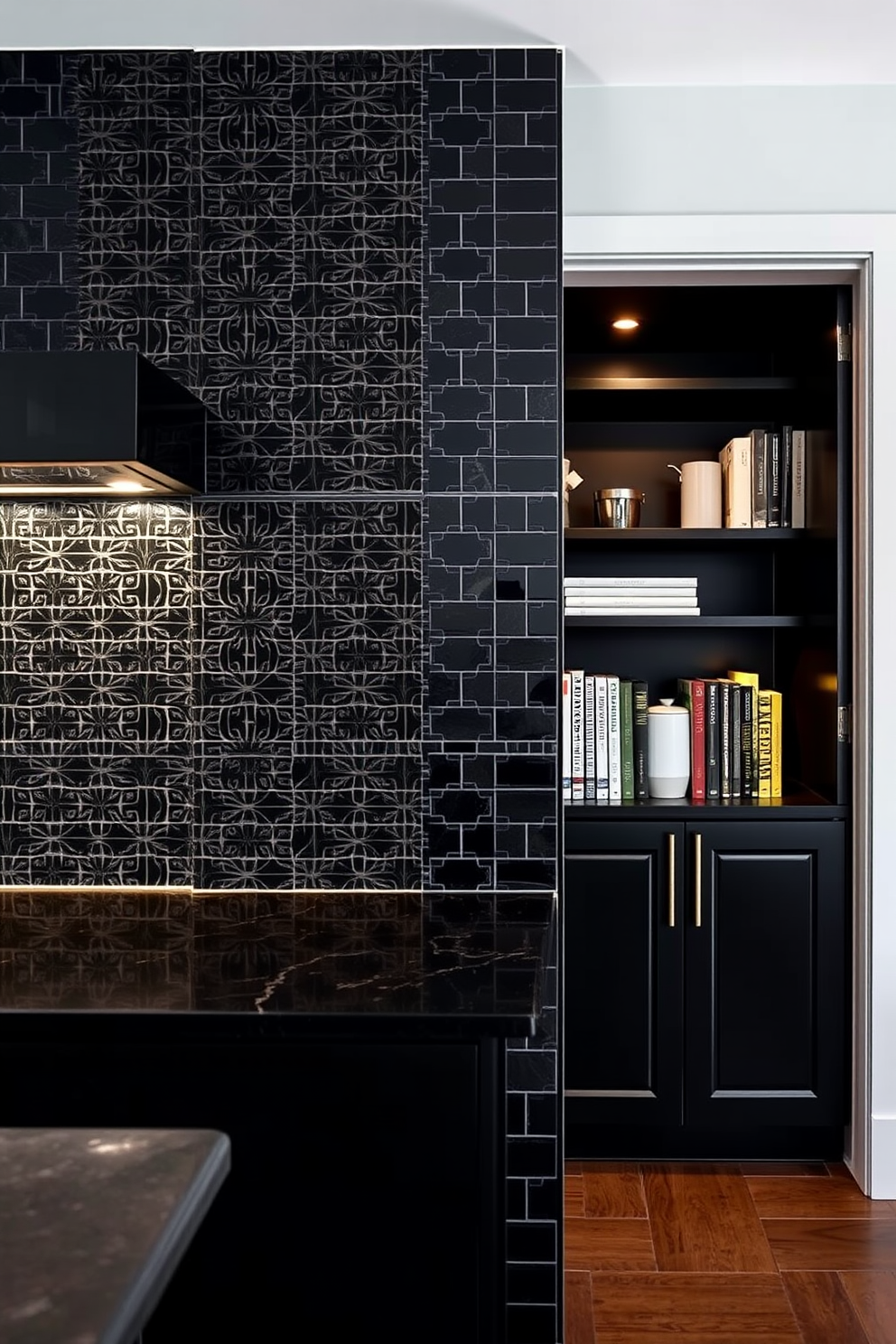 A striking black tile backsplash features intricate geometric patterns that create a bold visual impact in the kitchen. The combination of glossy and matte tiles adds depth and texture, enhancing the overall aesthetic. The pantry design incorporates sleek black cabinetry that seamlessly integrates with the backsplash. Open shelving displays stylish containers and cookbooks, while warm lighting highlights the space's modern elegance.