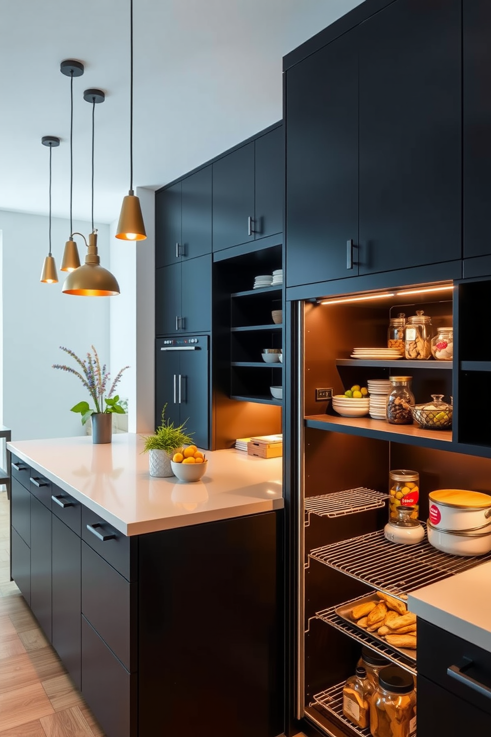 An industrial black pantry featuring sleek metal shelving and accents. The walls are painted in a deep charcoal color, and the floor is made of polished concrete.