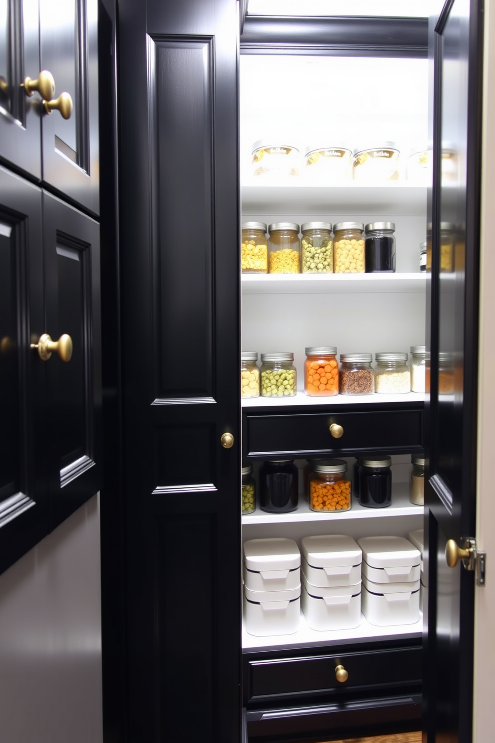 A stylish pantry featuring elegant black cabinetry adorned with vintage-style knobs. The shelves are lined with neatly organized jars and containers, creating a chic and functional space.