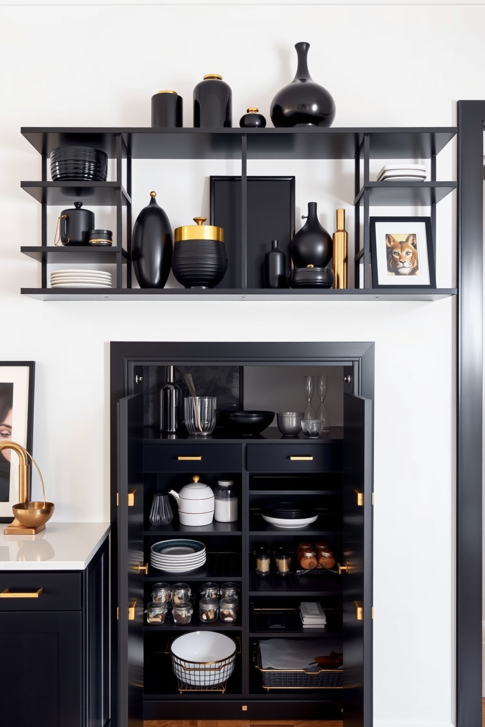 Open shelving displays an array of black and gold decor items, creating a striking contrast against a light-colored wall. The shelves are filled with stylish containers, elegant vases, and curated art pieces that reflect a modern aesthetic. The black pantry features sleek cabinetry with gold hardware, providing a touch of luxury and sophistication. Inside, organized shelves showcase an array of pantry essentials, while the overall design emphasizes functionality and style.