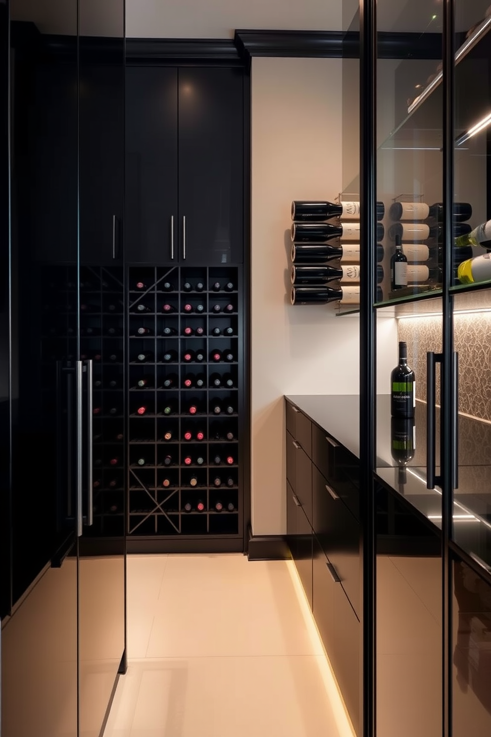 A luxe black pantry features sleek cabinetry with a glossy finish, complemented by a stylish wine rack that holds an array of fine wines. The space is illuminated by warm lighting, highlighting the elegant textures of the black surfaces and creating an inviting atmosphere.