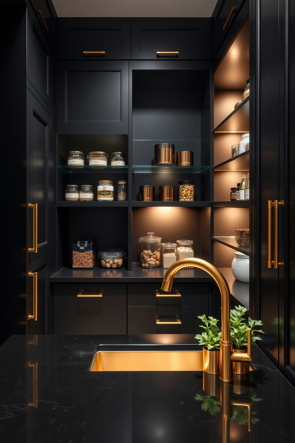 A modern pantry design featuring sleek black cabinetry with gold hardware. The walls are painted in a deep black hue, while open shelves display elegant gold accents and organized glass containers. The pantry includes a stylish black countertop with a gold faucet and a small herb garden in decorative pots. Soft ambient lighting highlights the luxurious elements and creates a warm, inviting atmosphere.