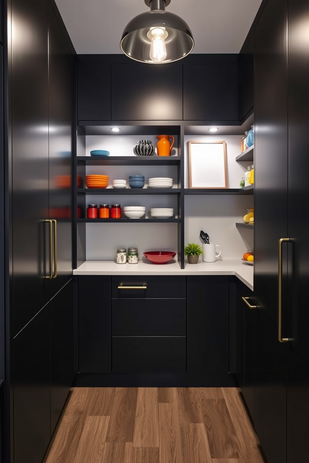 Artistic black pantry featuring innovative storage solutions. The pantry includes open shelving with decorative baskets and a sleek countertop for meal prep.