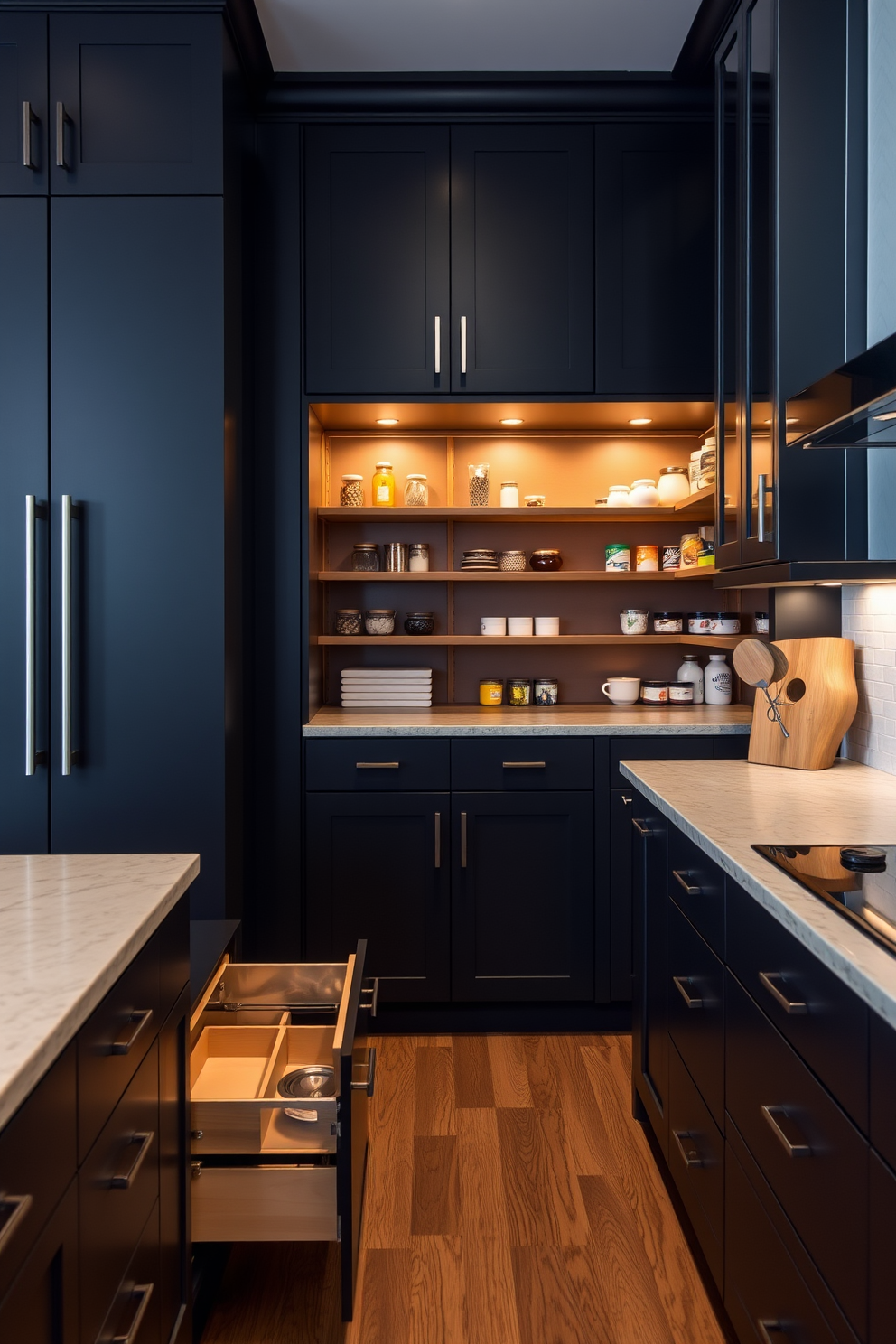 A modern kitchen featuring sleek black cabinetry with under-cabinet lighting that creates a warm and inviting ambiance. The pantry is designed with open shelving and pull-out drawers, maximizing storage while maintaining an organized and stylish look.