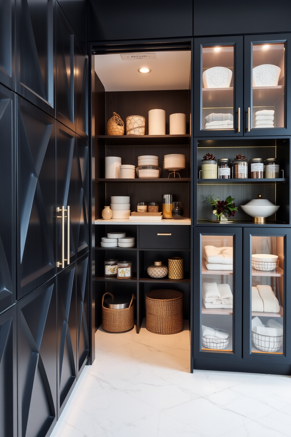 A transitional black pantry featuring a combination of sleek cabinetry and rustic wooden shelves. The walls are adorned with a soft gray hue, while the floor showcases a herringbone pattern in dark wood. Stylish black cabinetry with brass hardware complements the warm tones of the wood. A large island in the center provides ample workspace, topped with a white quartz countertop that contrasts beautifully with the black elements.