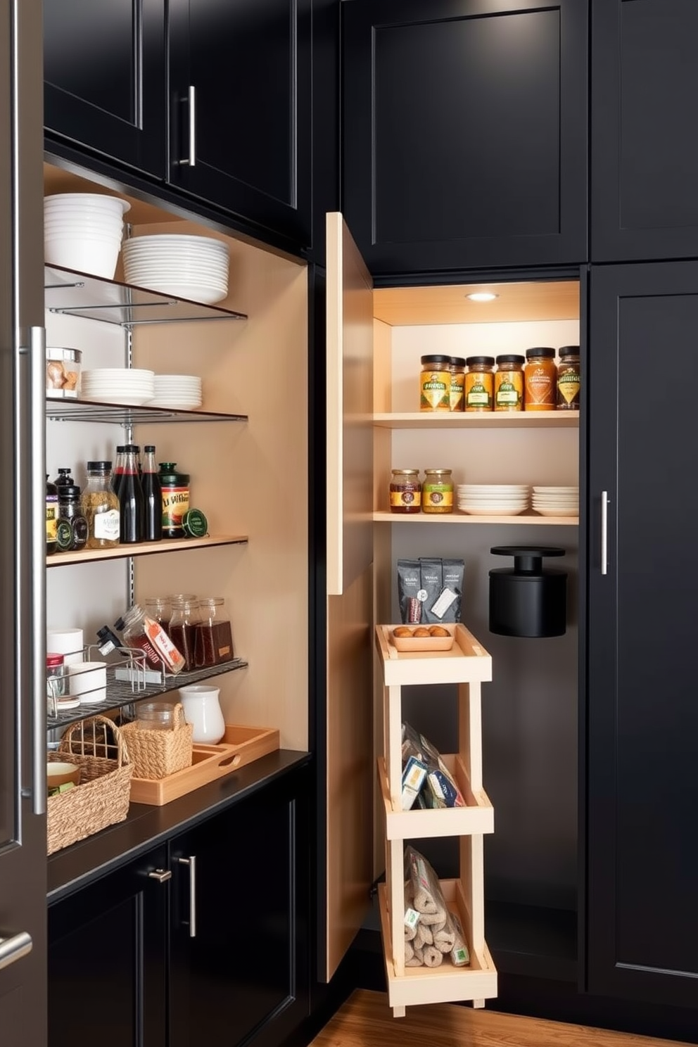 A functional black pantry with pull-out shelves. The pantry features sleek black cabinetry with ample storage space and organized pull-out shelves for easy access to ingredients.