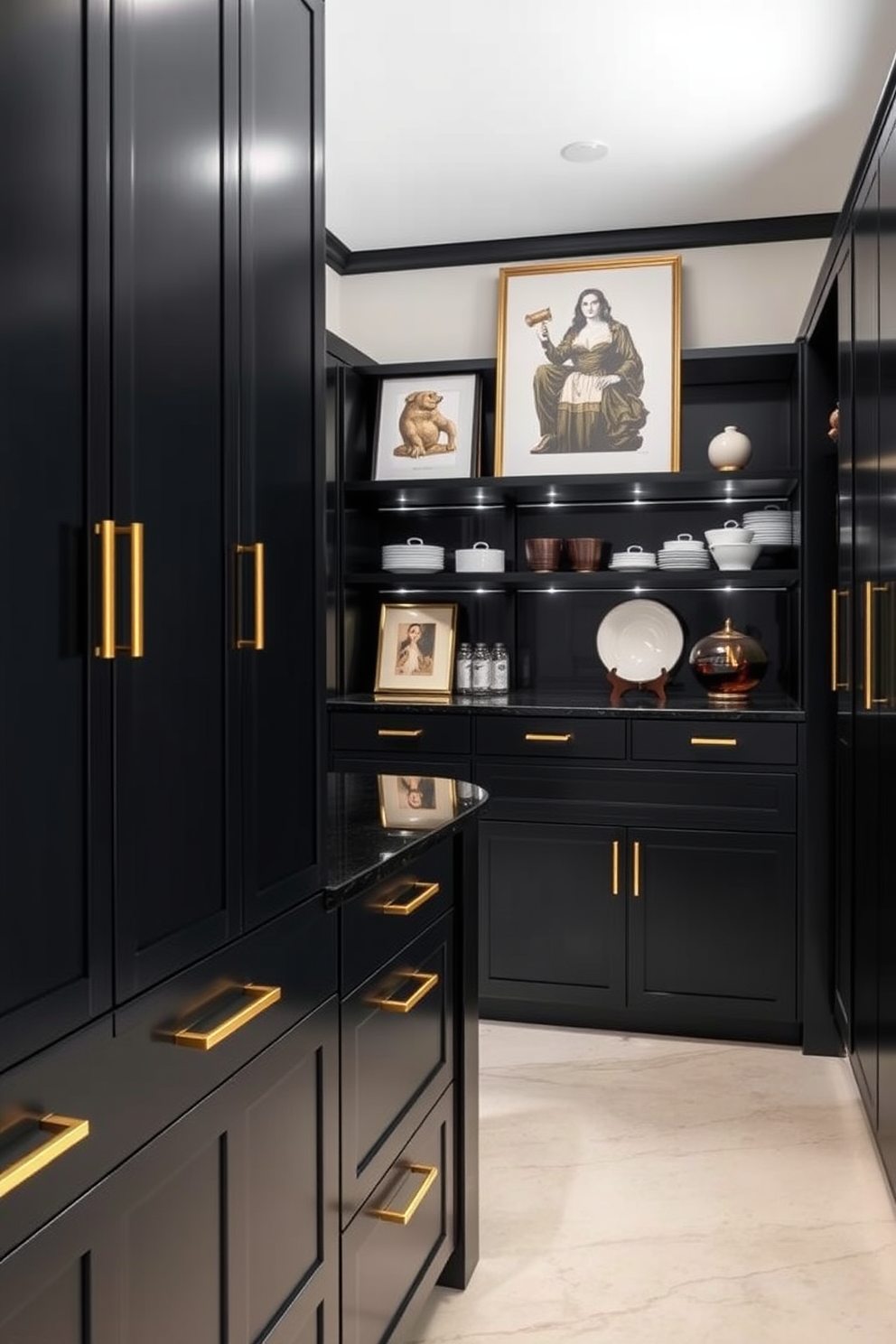 A sophisticated black pantry design featuring sleek black cabinetry with gold hardware. The pantry is adorned with contemporary art pieces that add a touch of elegance and personality to the space. The countertops are made of polished black granite, complemented by subtle under-cabinet lighting. Open shelving displays curated kitchenware and decorative items, enhancing the overall aesthetic of the pantry.