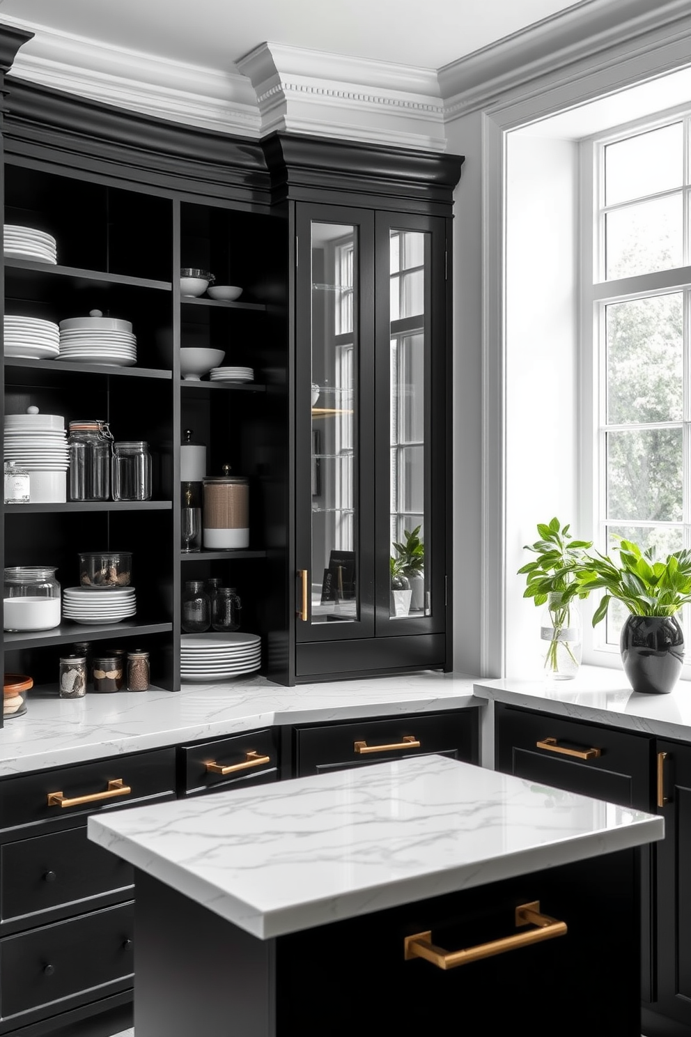 A stylish black pantry featuring sleek black cabinetry with white marble countertops. The shelves are stocked with elegant dishware and glass jars, creating a sophisticated and organized space. The walls are painted in a crisp white, providing a striking contrast to the black elements. A large window allows natural light to flood the room, enhancing the overall ambiance and showcasing the pantry's design.