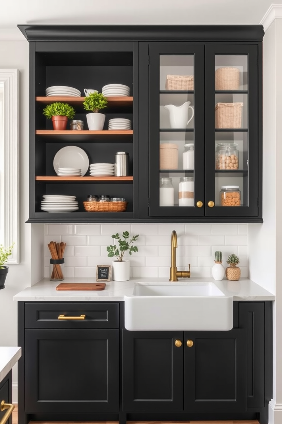 Chic black cabinetry with a farmhouse sink. The cabinetry features sleek lines and matte finishes, complemented by brass hardware that adds a touch of elegance. The farmhouse sink is deep and spacious, set against a backdrop of white subway tiles that enhance the modern rustic feel. Above the sink, open shelving displays curated dishware and potted herbs, creating a warm and inviting atmosphere. Black pantry design ideas include floor-to-ceiling cabinetry that maximizes storage while maintaining a streamlined look. Incorporating glass-front doors allows for a glimpse of organized shelves filled with jars and baskets, merging functionality with style.