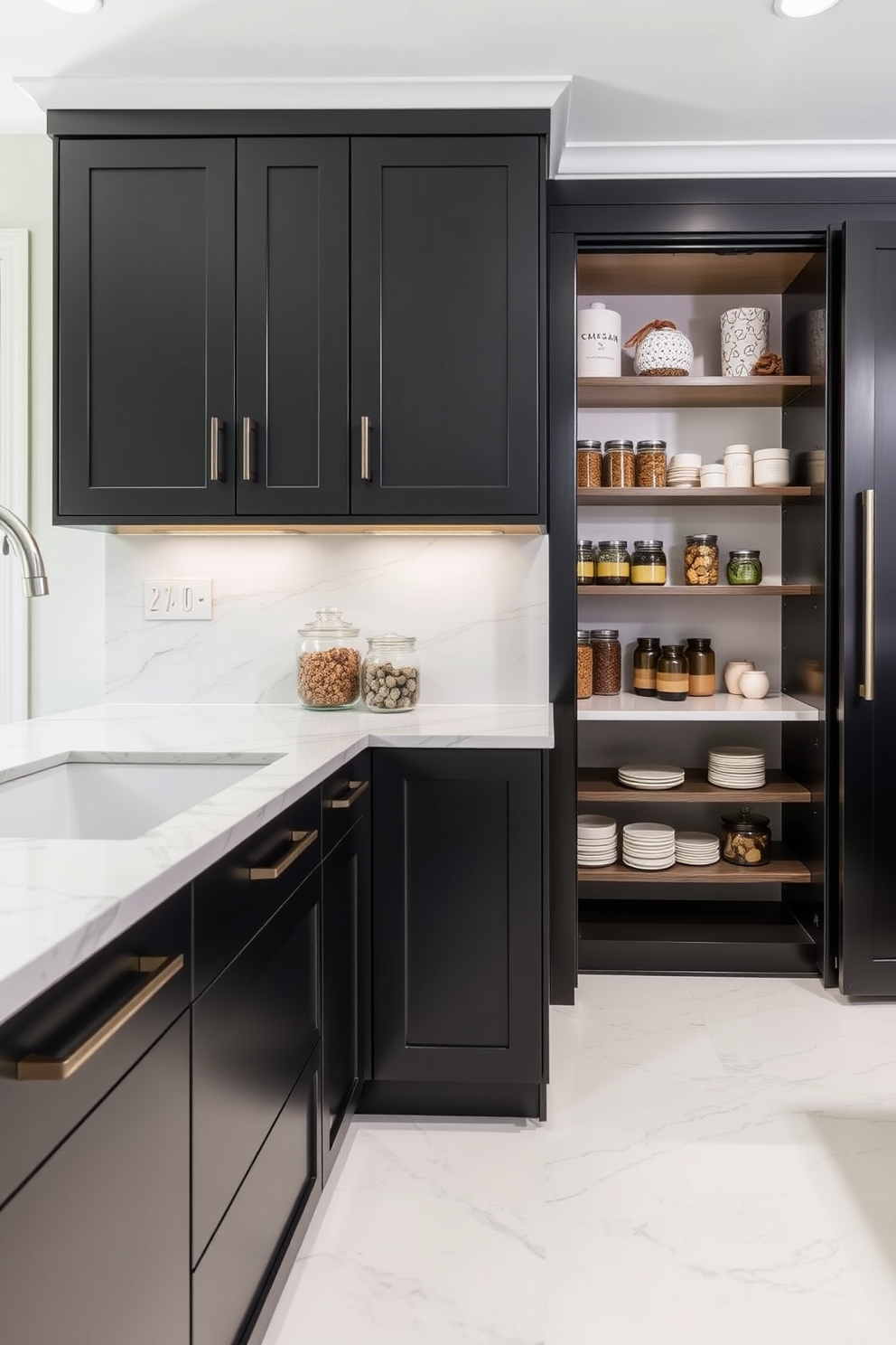 A modern kitchen featuring matte black cabinets that create a striking contrast with elegant marble countertops. The pantry is designed with open shelving, showcasing neatly organized jars and decorative items against a backdrop of sleek black cabinetry.