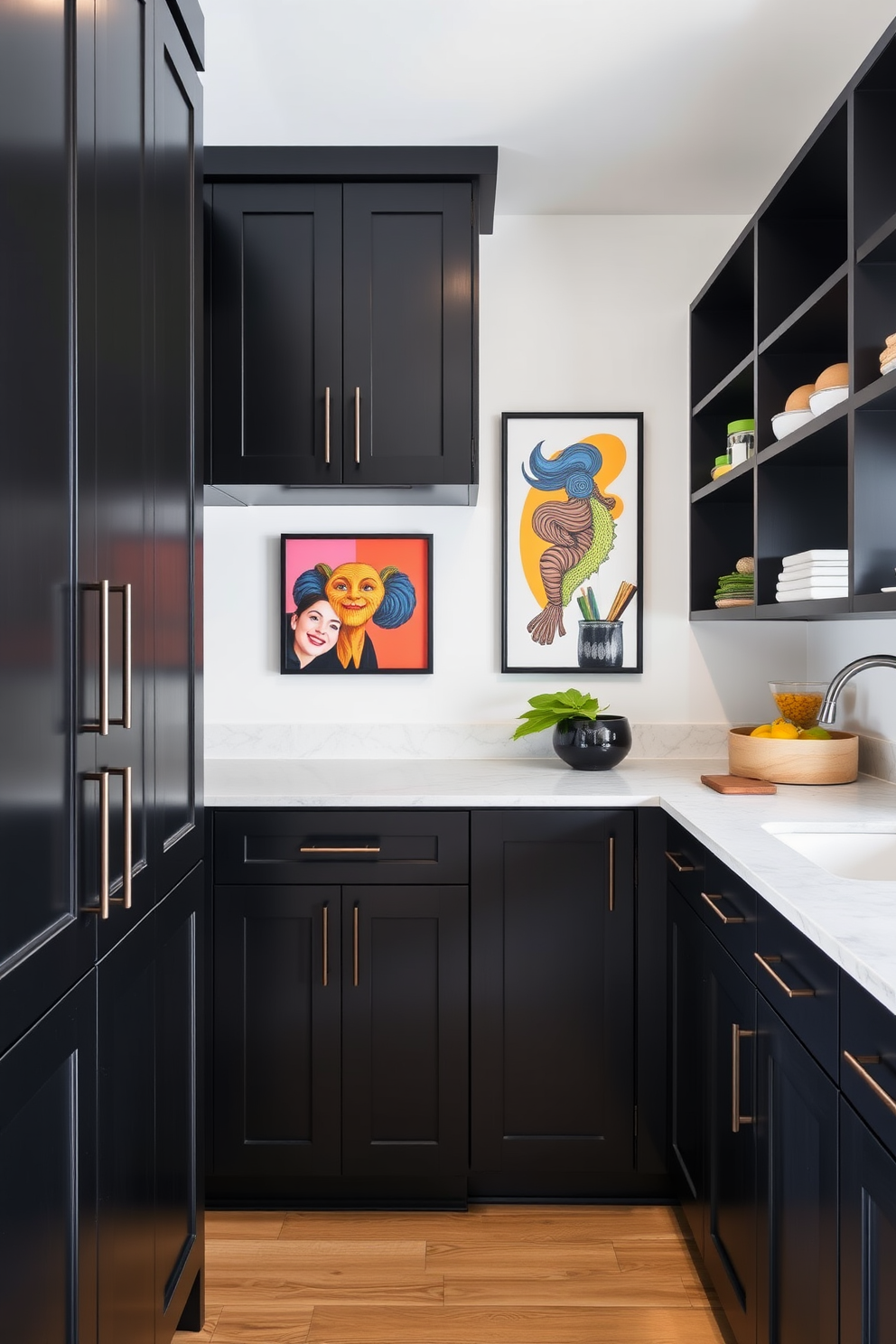 A bold black pantry features sleek cabinetry with matte finishes and modern handles. The walls are adorned with vibrant wall art that adds a splash of color and personality to the space.