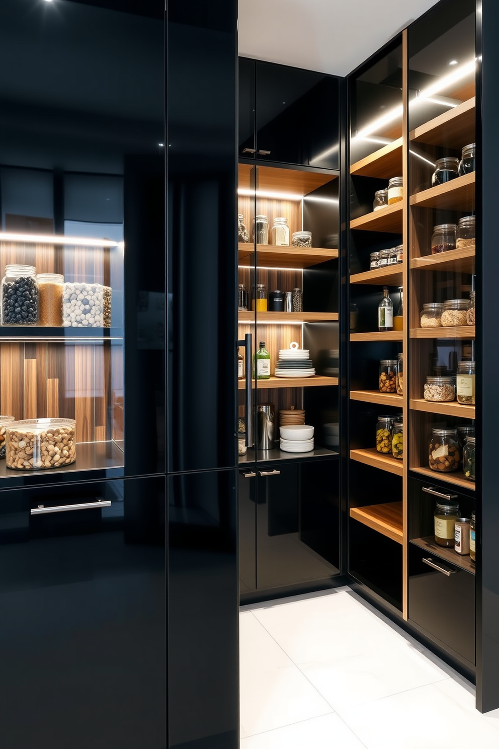 A sleek black pantry featuring a glossy black finish that reflects light beautifully. Wooden shelves and accents add warmth and texture, creating a harmonious balance in the design. The pantry is organized with clear glass containers that showcase colorful ingredients. Soft LED lighting highlights the wooden elements, enhancing the overall aesthetic and functionality.