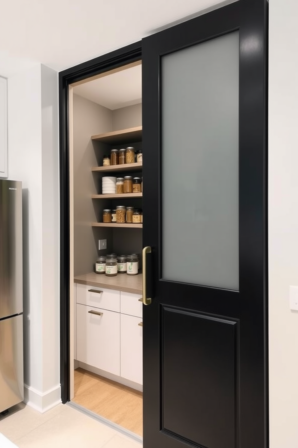 A vintage-inspired black pantry featuring ornate details and intricate carvings on the cabinet doors. The interior is organized with wooden shelves displaying an array of glass jars and antique kitchenware.