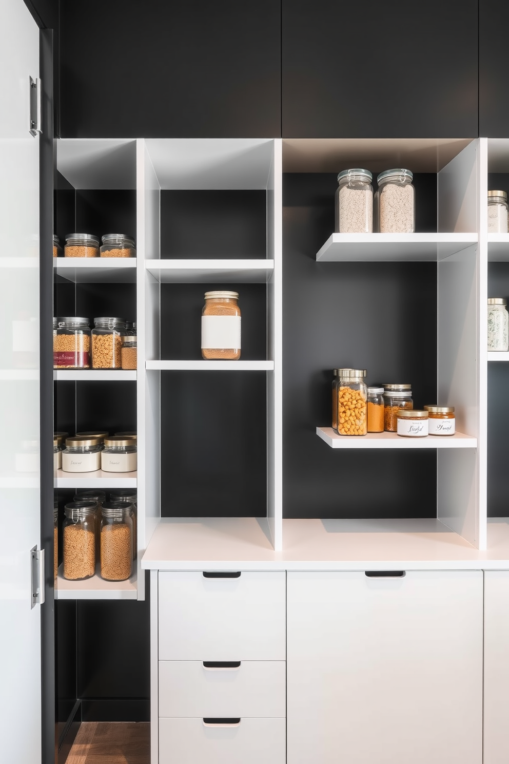 A contemporary black pantry featuring sleek cabinetry with bold hardware accents. The space includes open shelving for easy access to kitchen essentials and a stylish countertop for food preparation.