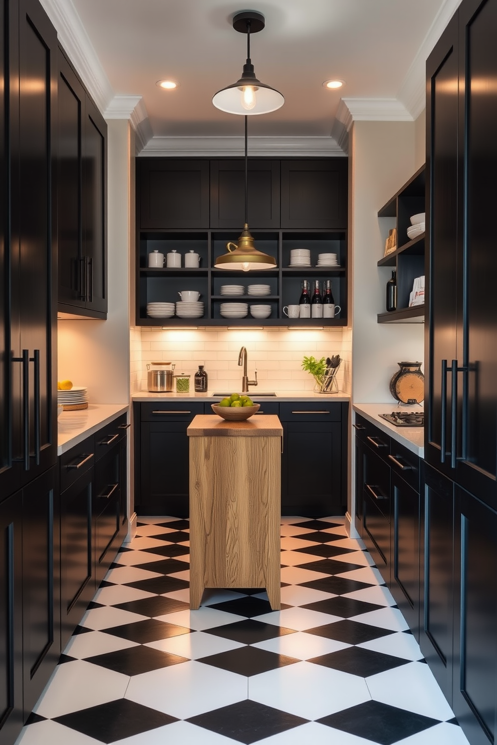 A chic kitchen space featuring a black and white checkerboard floor that adds a bold contrast to the overall design. The pantry boasts sleek black cabinetry with minimalist handles and open shelving that showcases stylish dishware and storage containers. The pantry is illuminated by warm pendant lights that create an inviting atmosphere. A small wooden island sits in the center, providing additional prep space and a casual dining area.