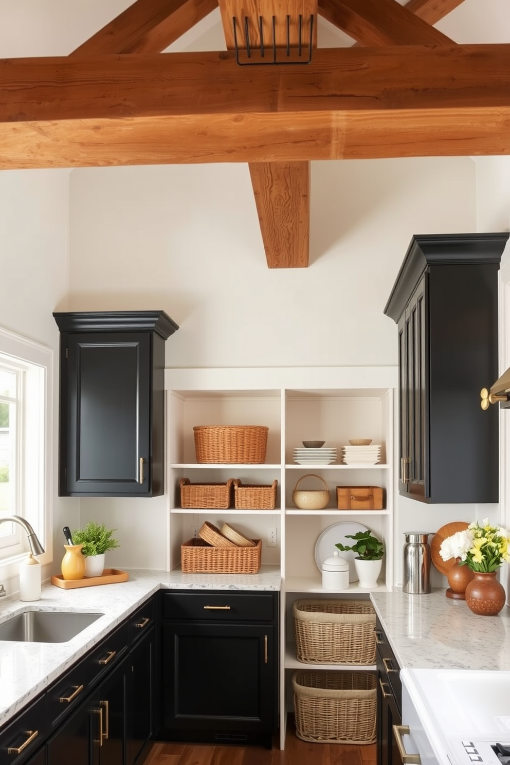 A cozy kitchen setting featuring rustic wooden beams that stretch across the ceiling above sleek black cabinetry. The pantry area showcases creative design ideas with open shelving and decorative baskets for a warm, inviting atmosphere.