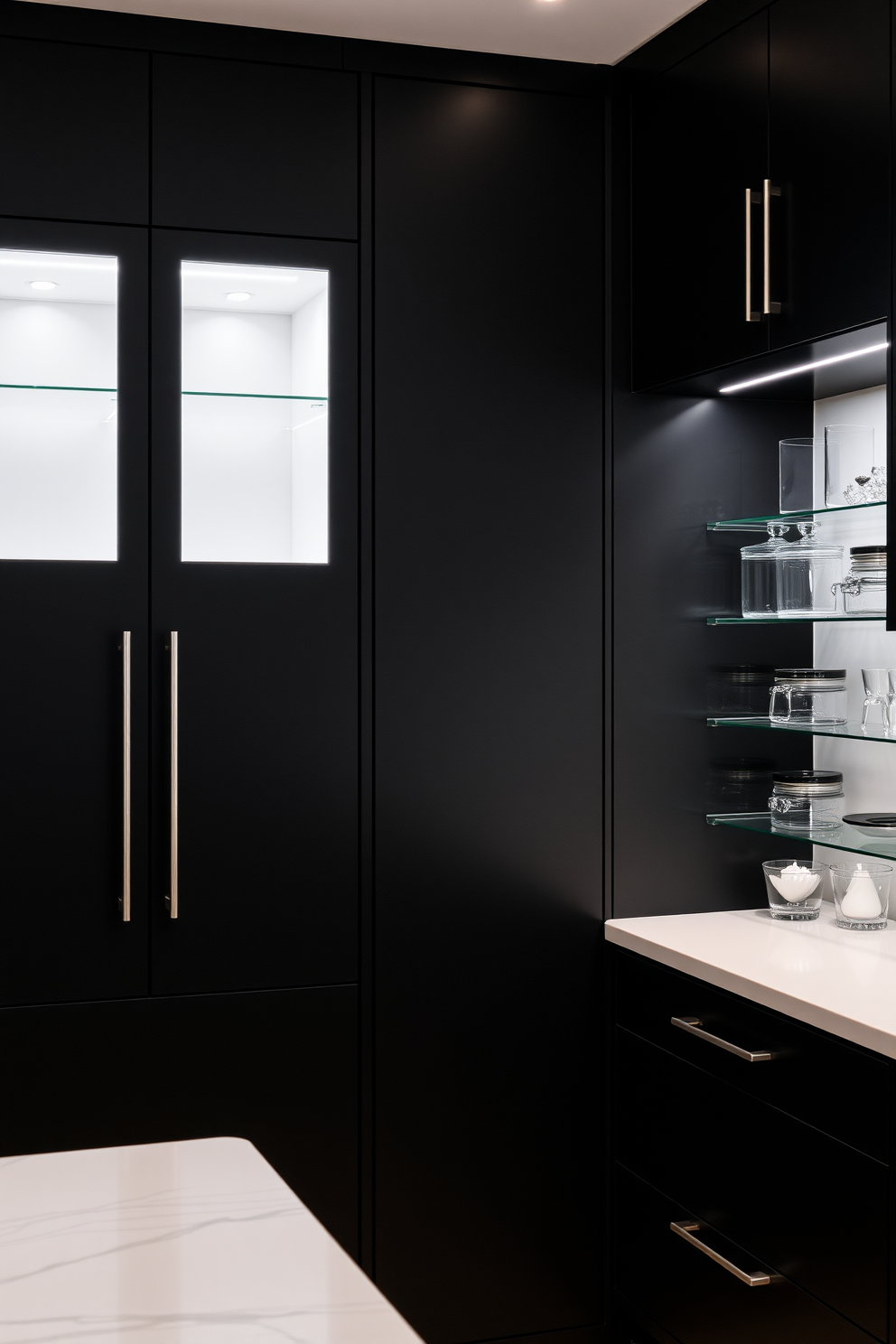 A modern kitchen featuring integrated lighting within sleek black cabinetry. The pantry showcases a minimalist design with open shelving and elegant glass containers for storage.