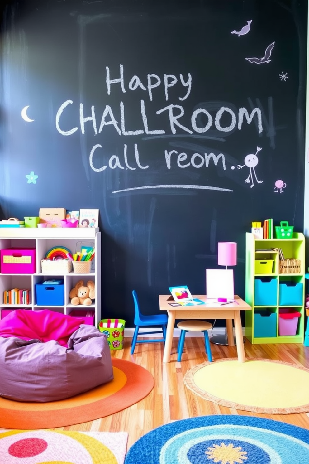 A black chalkboard wall serves as the focal point of a vibrant playroom, encouraging creativity and artistic expression. The space features colorful shelving filled with toys and art supplies, creating an inviting atmosphere for children to explore their imagination. The playroom is designed with playful furniture, including a cozy reading nook with bean bags and a small table for crafts. Brightly colored rugs add warmth to the floor, while whimsical wall decals complement the black chalkboard, enhancing the overall playful theme.