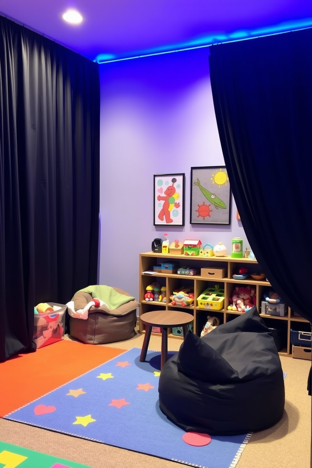 A playroom designed with black curtains for a dramatic effect. The space features colorful play mats, vibrant wall art, and an array of toys neatly organized in stylish storage bins. The room is illuminated with soft lighting to create a cozy atmosphere. A comfortable seating area with bean bags and a small table encourages creativity and play.