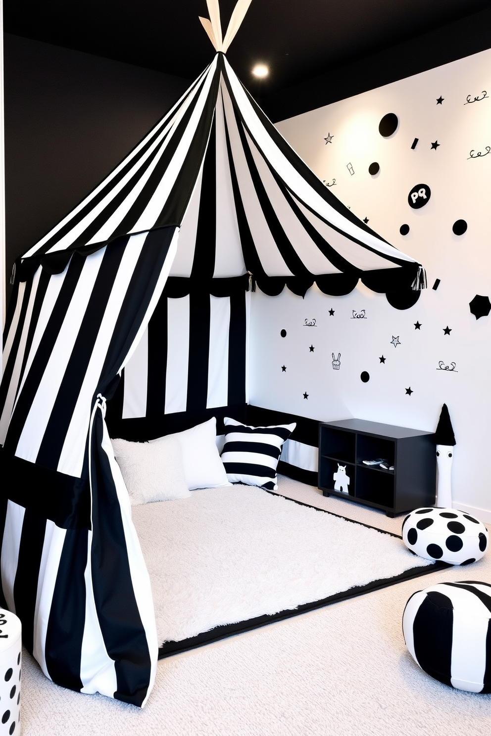 A black and white play tent setup is designed with a spacious interior featuring a cozy rug and plush cushions scattered around. The tent's exterior showcases bold black stripes against a crisp white background, creating a striking visual contrast. The playroom design incorporates playful elements with black furniture and white accents, creating a modern yet inviting atmosphere. Wall decals of whimsical shapes and patterns add a touch of creativity, while soft lighting enhances the overall ambiance.