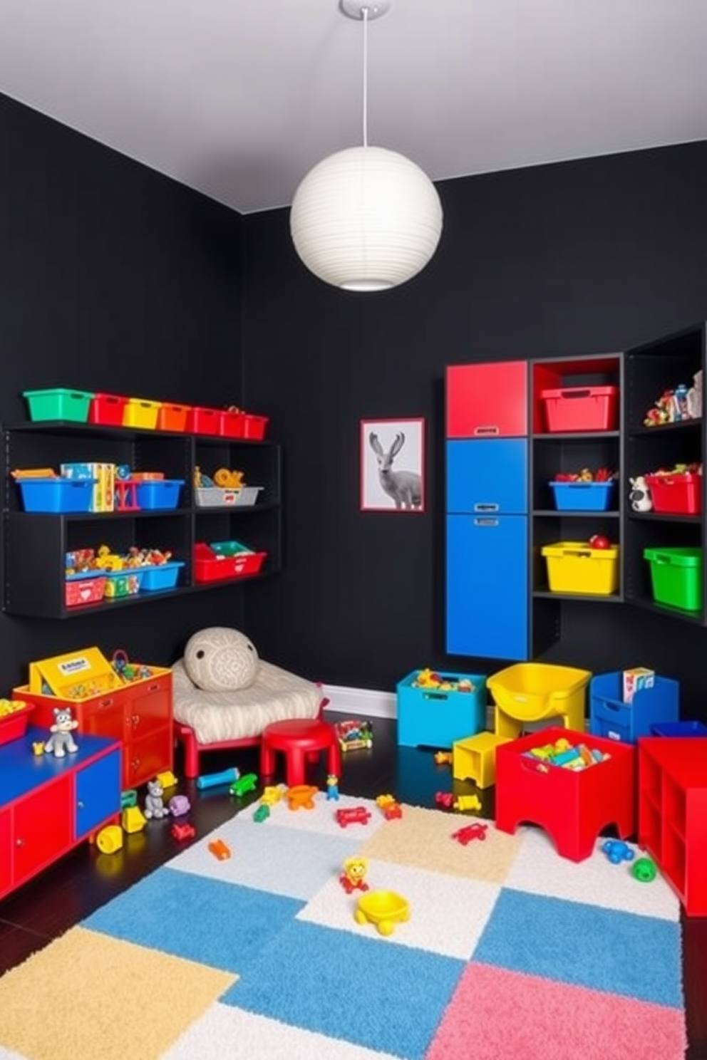 A playful black playroom filled with vibrant colored toys scattered across the floor. The walls are painted a deep matte black, creating a bold backdrop for bright red, blue, and yellow furniture pieces. A large, soft area rug in a geometric pattern adds warmth to the space. Shelves filled with colorful bins showcase toys, encouraging organization while enhancing the playful atmosphere.