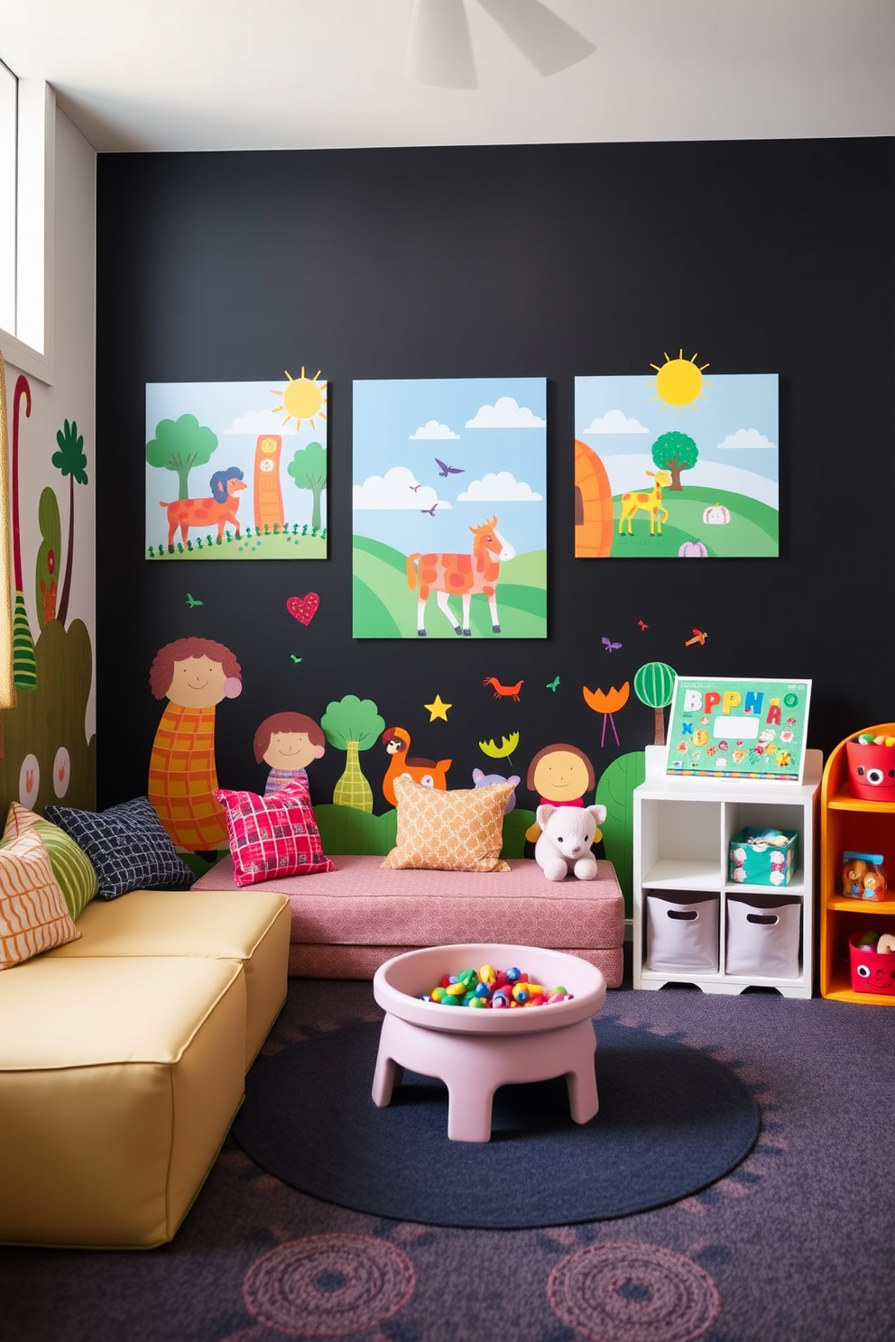 A vibrant playroom featuring a black accent wall adorned with colorful, playful murals that spark creativity and imagination. The room is filled with soft seating options and playful storage solutions to keep toys organized and accessible.